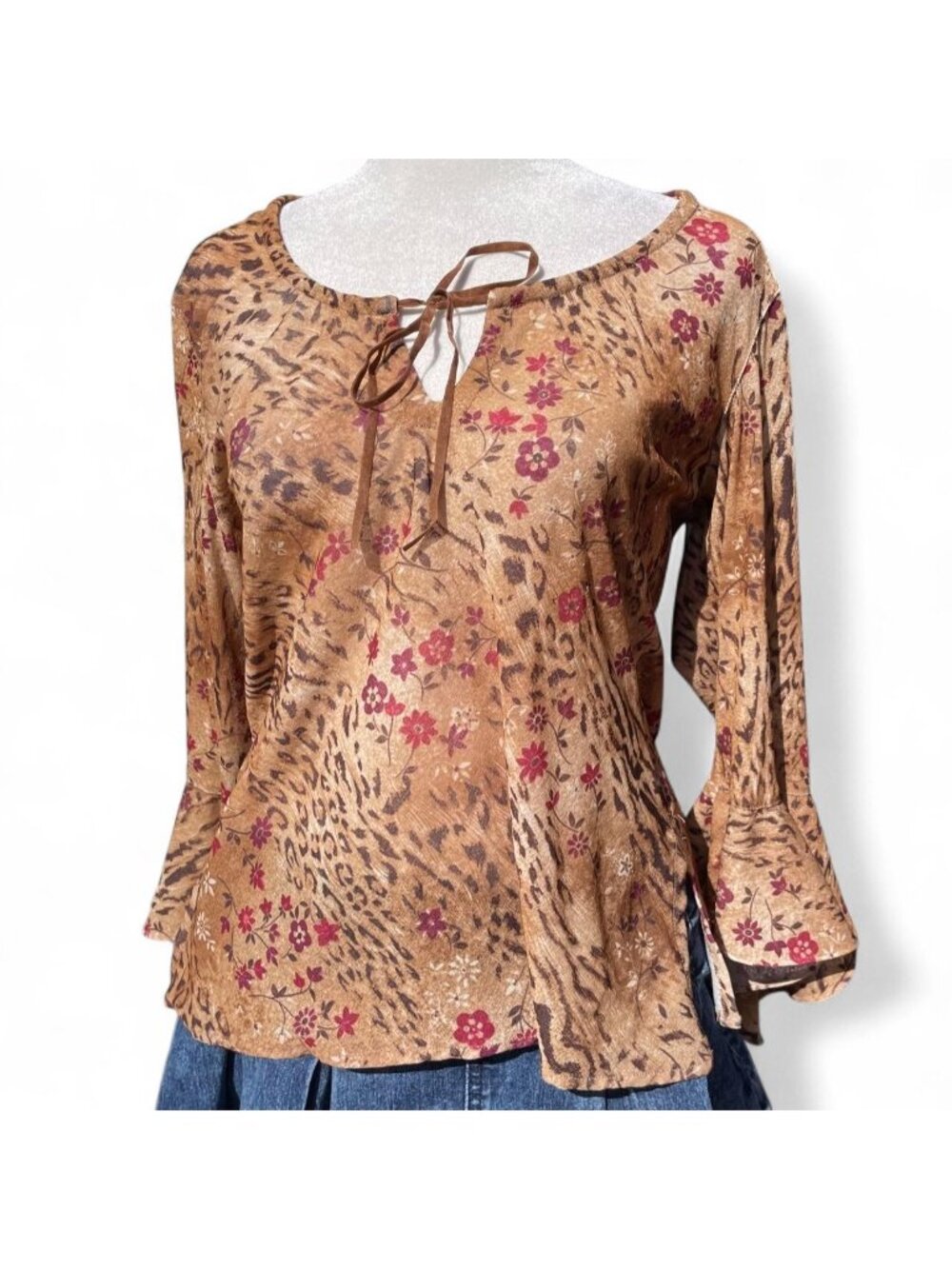 Vintage flare sleeved floral and leopard print semi sheer blouse - Picture 2 of 6